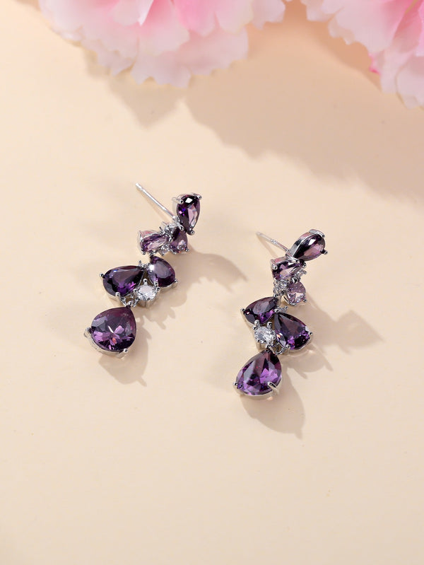 Silver-Tone Purple Crystal Petal Cluster Drop Earrings