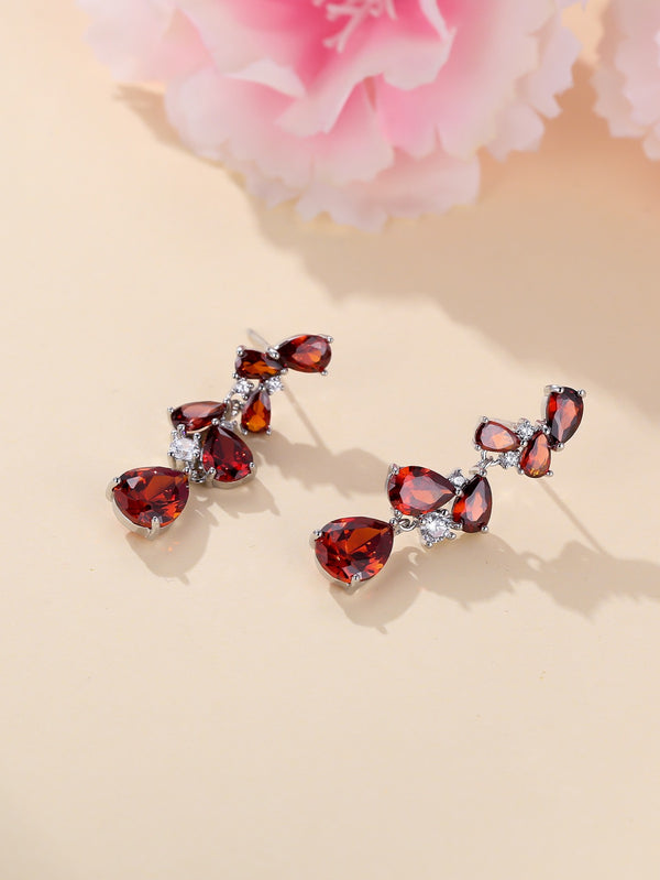 Silver-Tone Red Pear Crystal Petal Cluster Drop Earrings