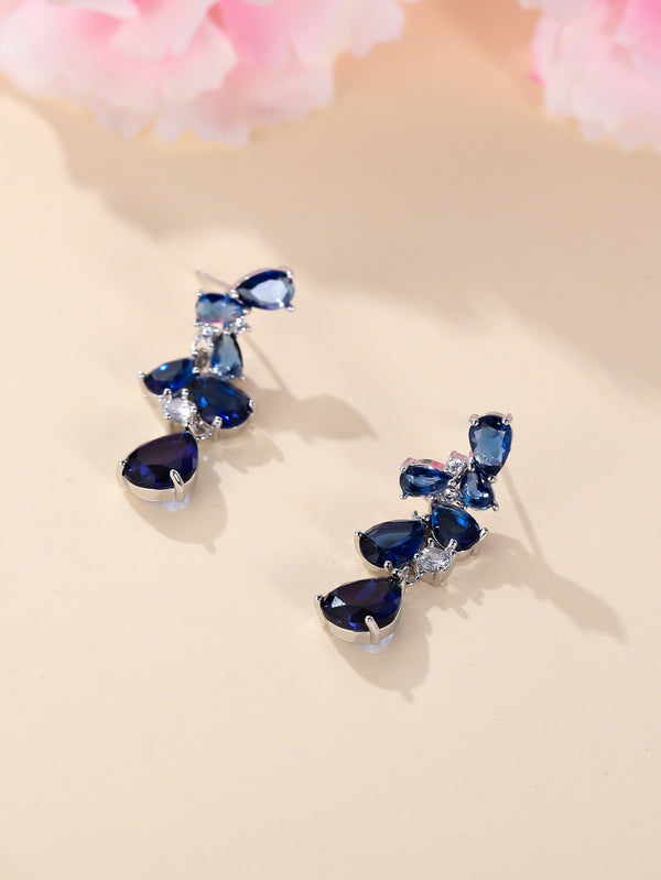 Silver-Tone Sapphire-Blue Crystal Flower and Leaf Drop Earrings