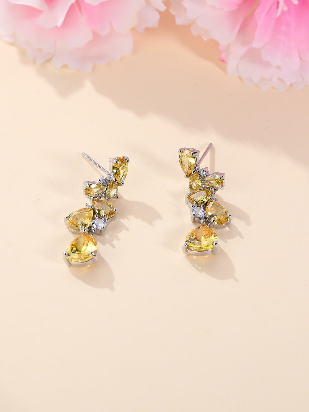 Silver-Tone Yellow Crystal Floral Pendant Necklace