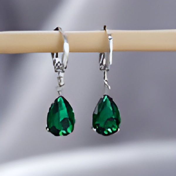 Silver-Tone Green Crystal Three-Prong Pear Drop Huggie Earrings