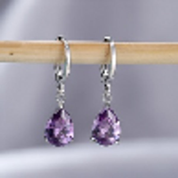 Silver-Tone Three-Prong Purple Pear-Cut Crystal Huggie Earrings