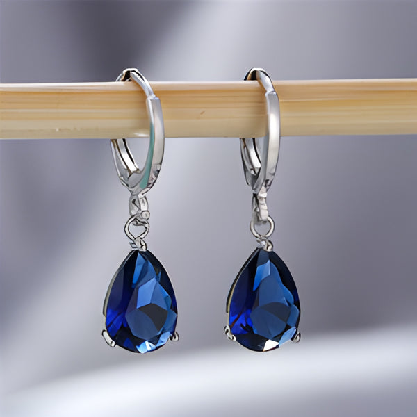 Silver-Tone Royal Blue Crystal Teardrop Huggie Hoop Earrings