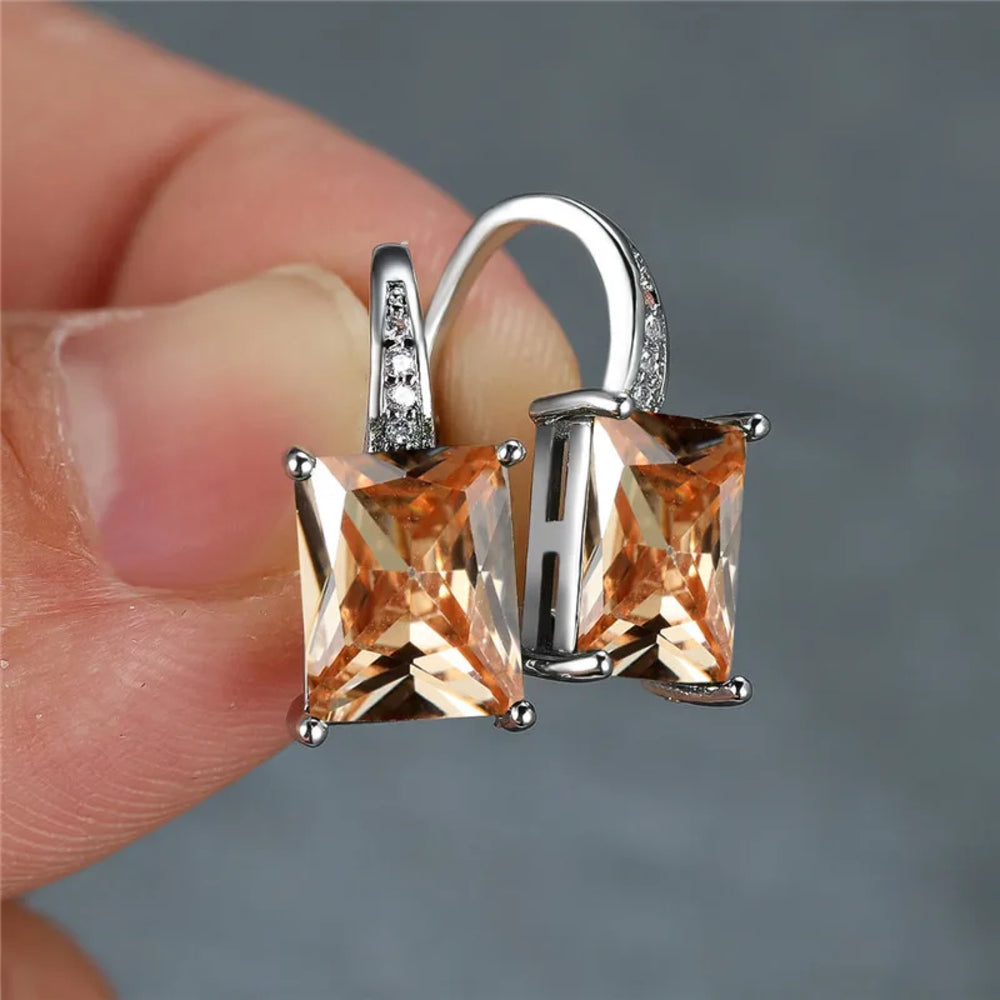 Silver-Tone Rectangular Champagne Crystal Huggie Earrings