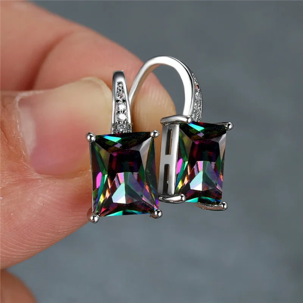 Silver-Tone Emerald-Cut Mystic Rainbow Crystal Huggie Earrings