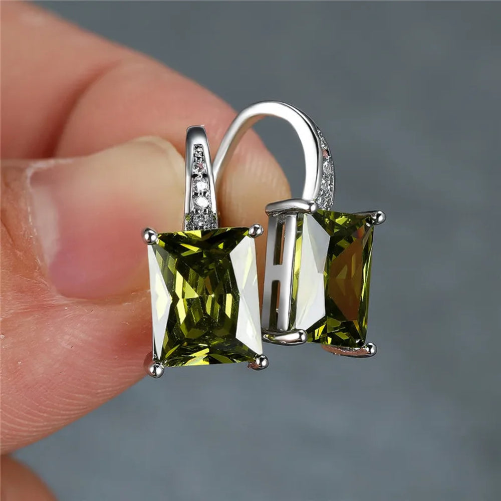 Silver-Tone Olive Green Emerald-Cut Crystal Huggie Earrings