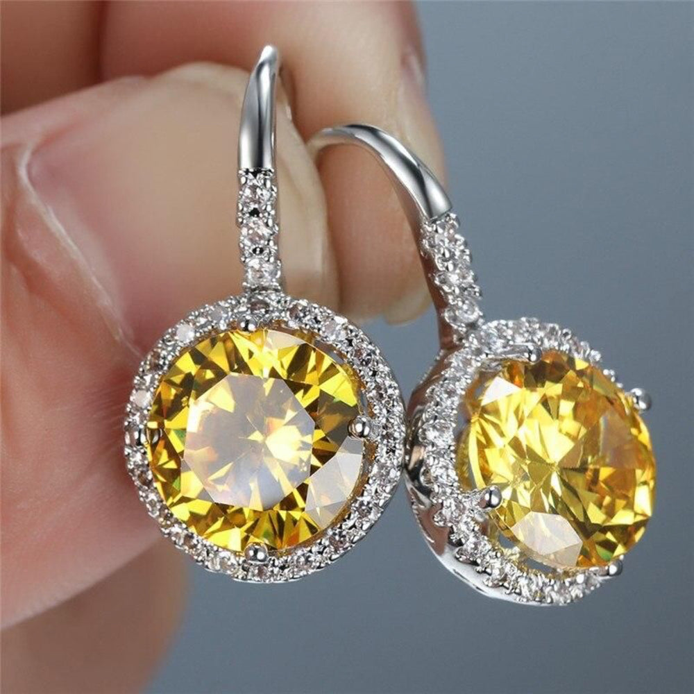 Silver-Tone Round Yellow Crystal Halo Hook Drop Earrings