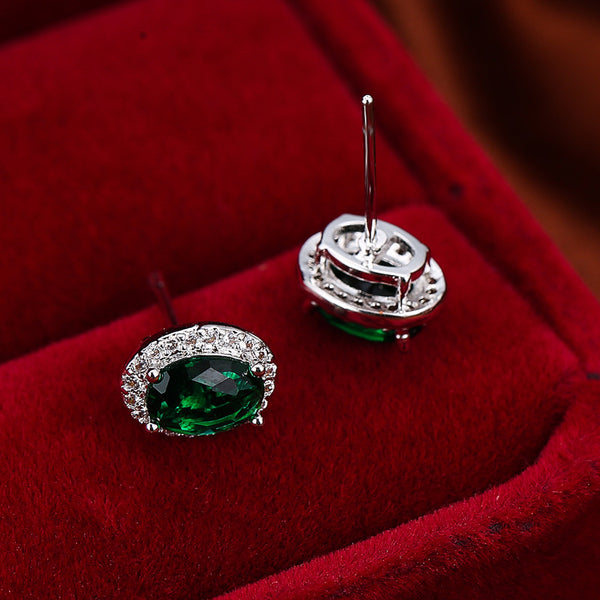Silver-Tone Emerald Green Oval Crystal Halo Stud Earrings