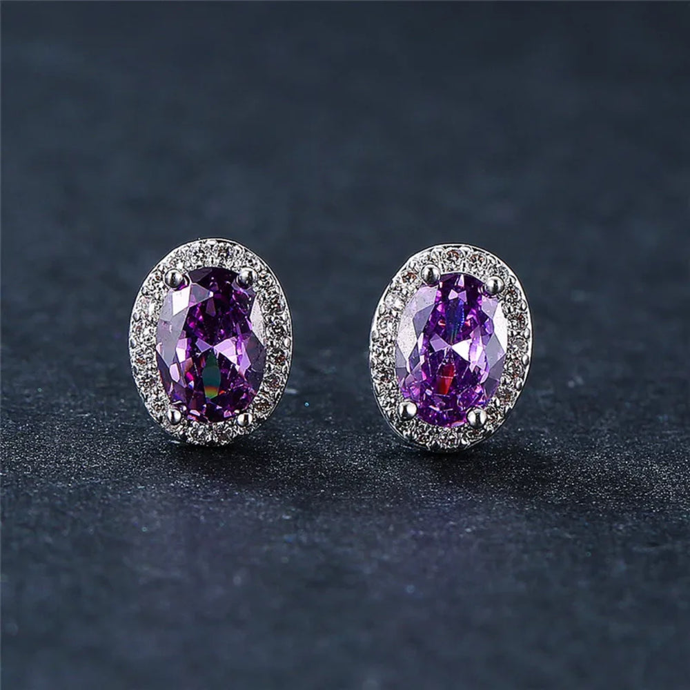 Silver-Tone Oval Purple Crystal Halo Stud Earrings