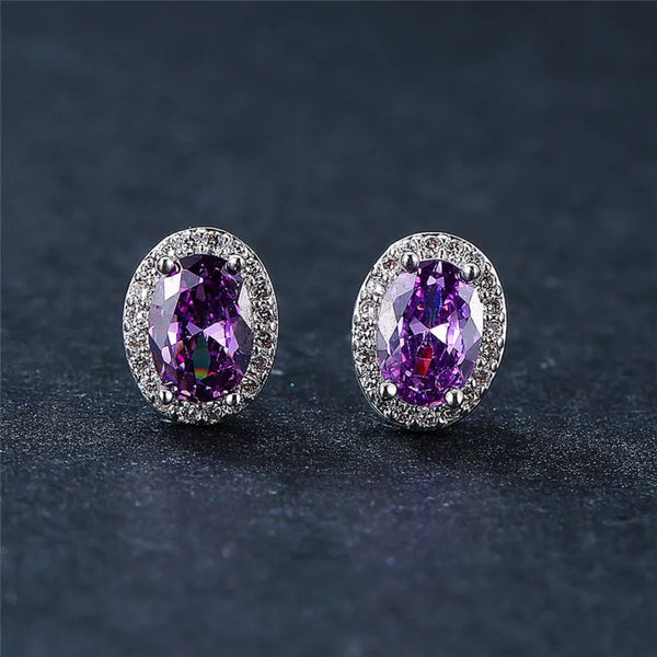 Silver-Tone Oval Purple Crystal Halo Stud Earrings