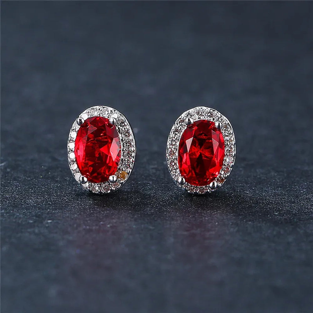 Silver-Tone Red Oval Crystal Stud Earrings