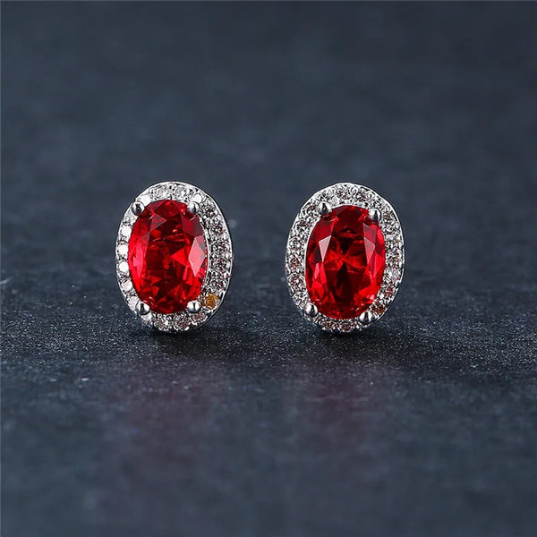 Silver-Tone Red Oval Crystal Stud Earrings