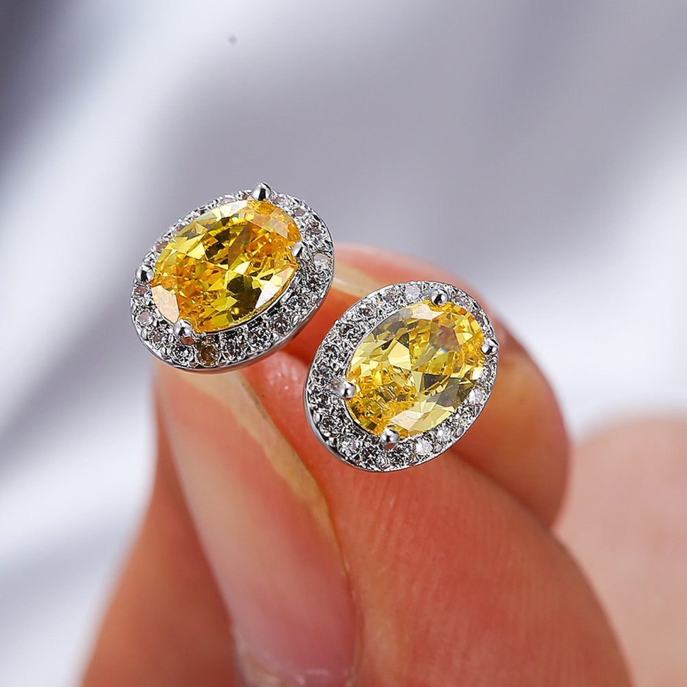 Silver-Tone Yellow Oval Crystal Halo Stud Earrings