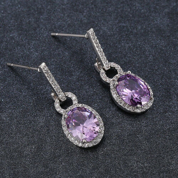 Silver-Tone Purple Crystal Oval Halo Drop Earrings
