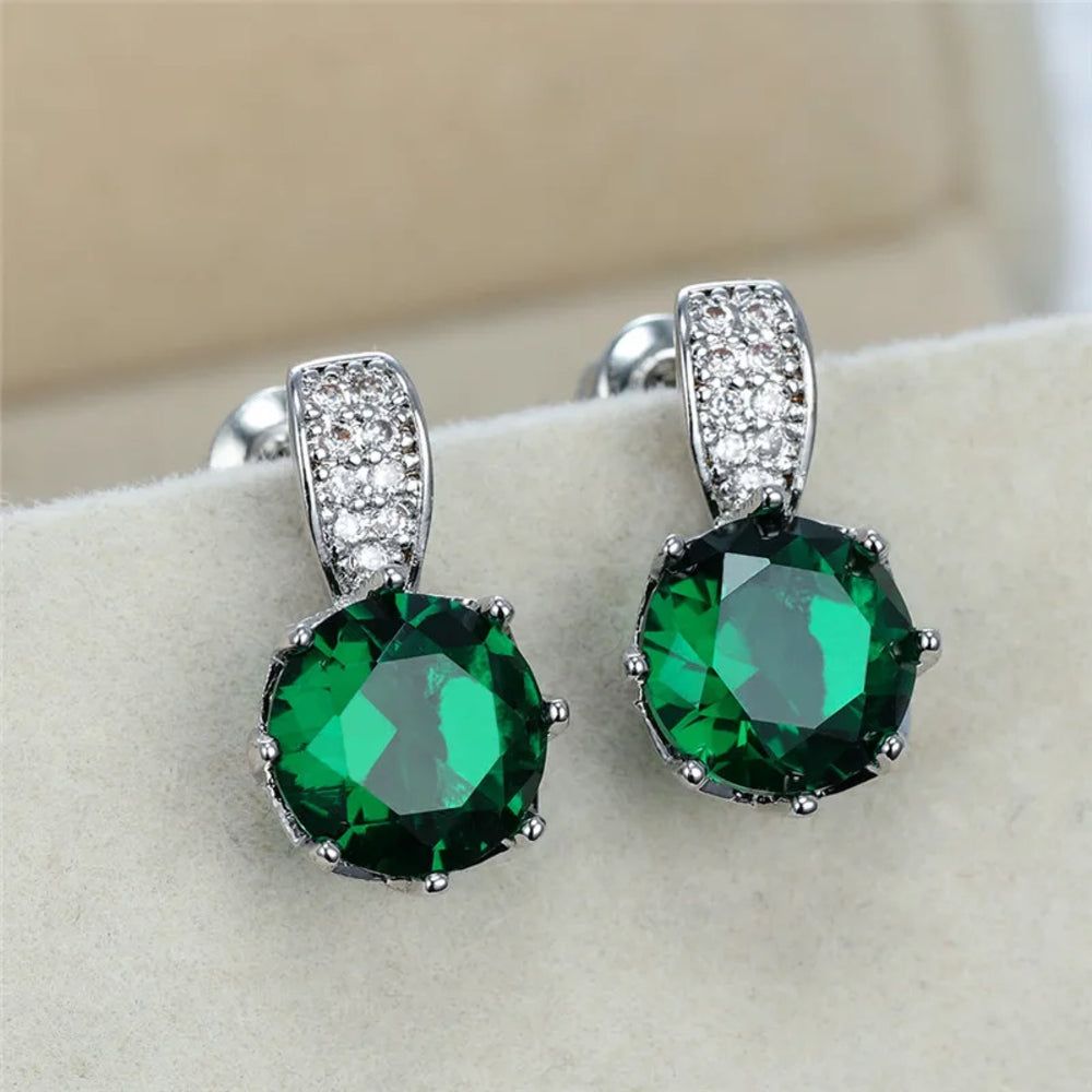 Silver-Tone Round Green Crystal Solitaire Stud Earrings