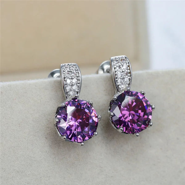 Silver-Tone Round Purple Crystal Solitaire Stud Earrings