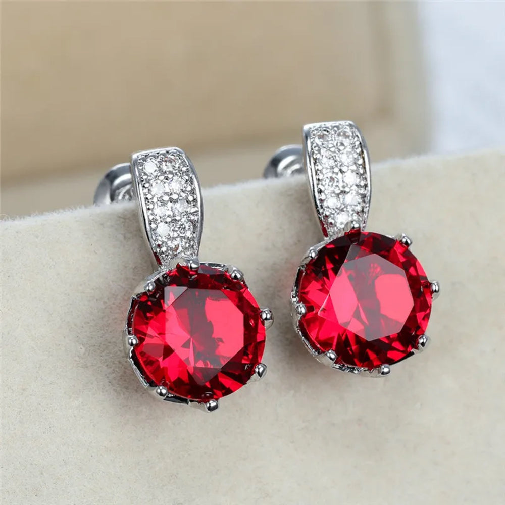 Silver-Tone Round Red Crystal Solitaire Stud Earrings