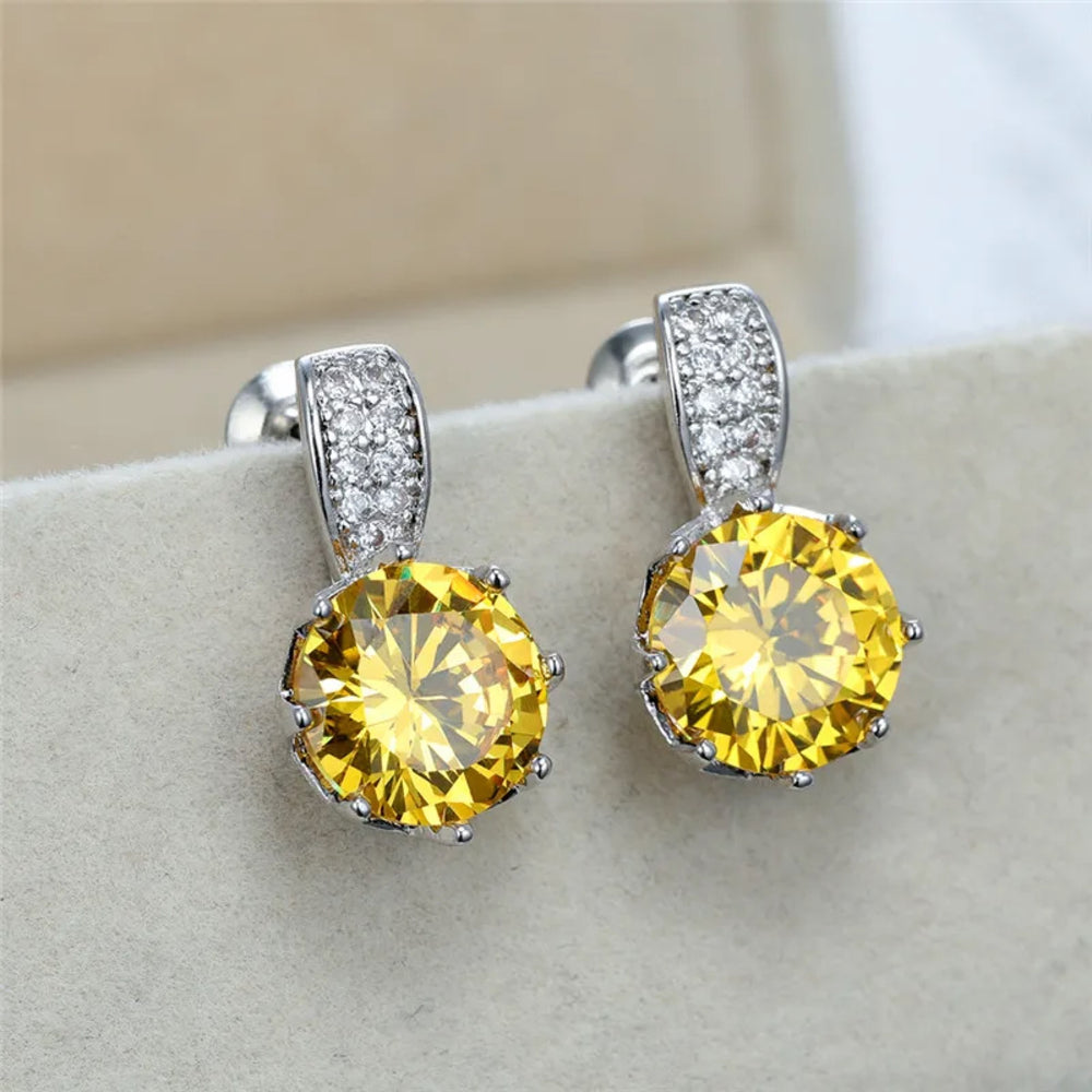 Silver-Tone Yellow Round Crystal Multi-Prong Stud Earrings