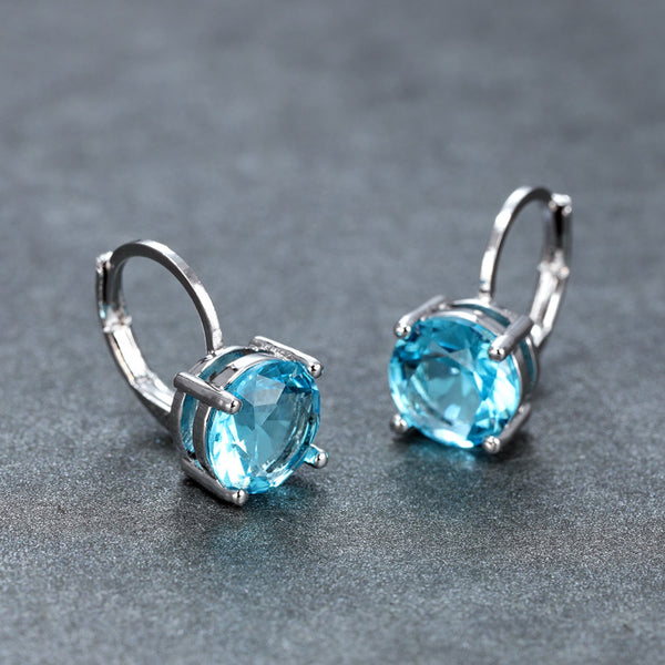 Silver-Tone Aqua Blue Crystal Round Solitaire Huggie Earrings
