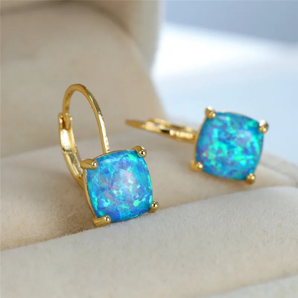 Gold-Tone Square Blue Simulated Opal Leverback Huggie Earrings