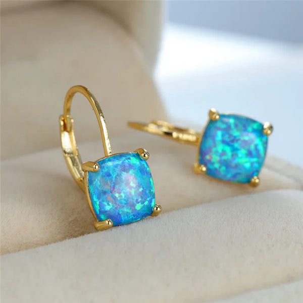 Gold-Tone Square Blue Simulated Opal Leverback Huggie Earrings