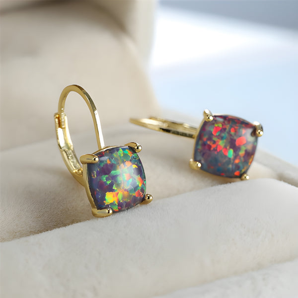 Gold-Tone Cushion Purple Simulated Opal Lever-Back Huggie Earrings