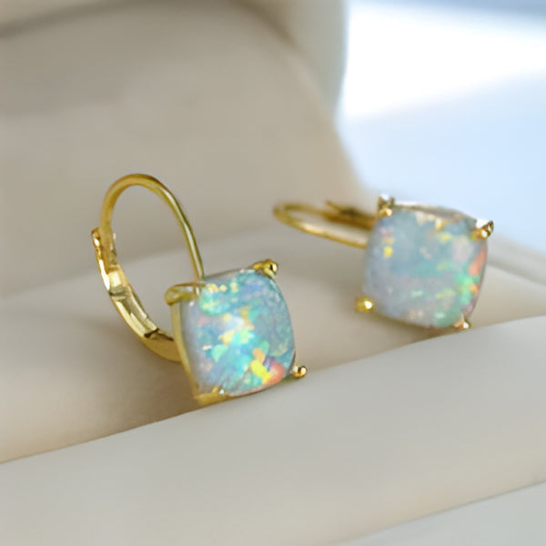 Gold-Tone Square White Simulated Opal Solitaire Huggie Earrings