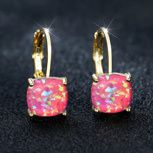 Gold-Tone Pink Simulated Opal Cushion Square Huggie Hoop Earrings
