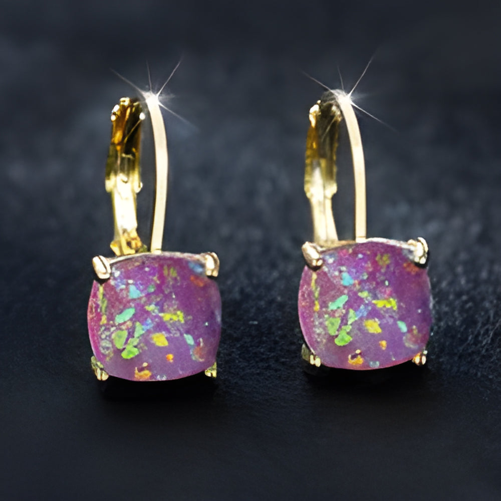 Gold-Tone Cushion Rose-Red Simulated Opal Lever-Back Huggie Earrings