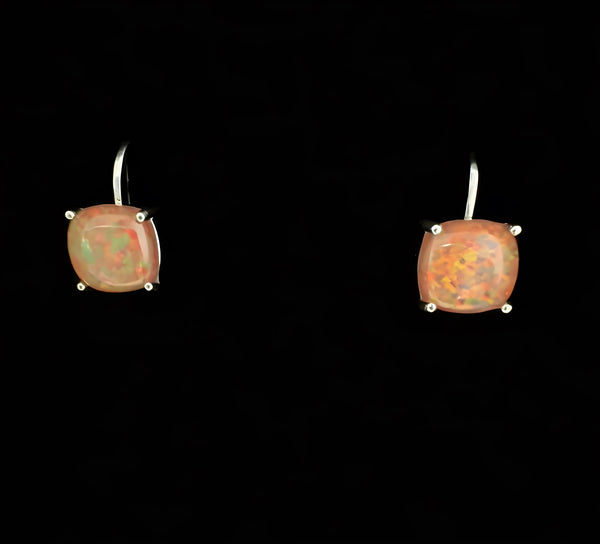 Silver-Tone Square Champagne Simulated Opal Solitaire Huggie Earrings