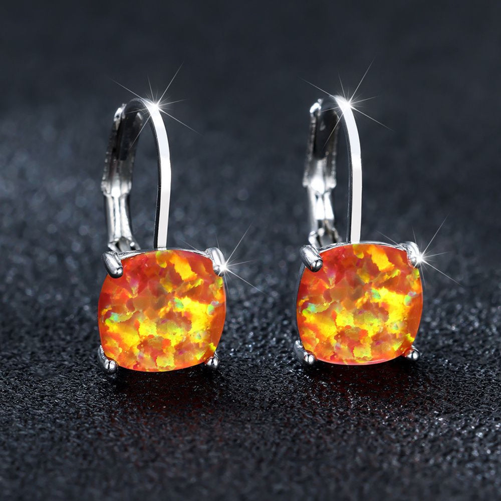 Silver-Tone Square Orange Simulated Opal Leverback Huggie Earrings