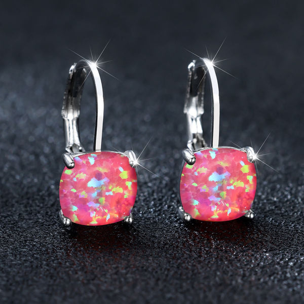 Silver-Tone Square Pink Simulated Opal Leverback Huggie Earrings