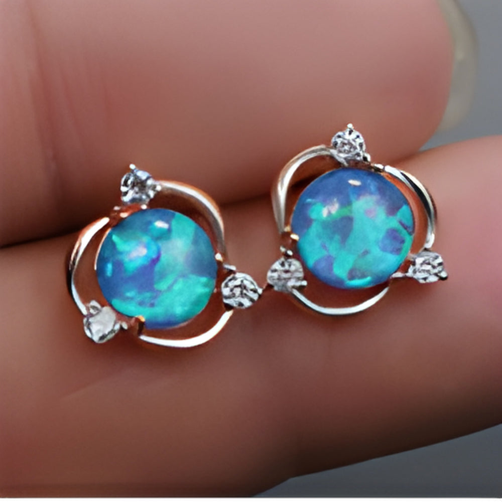 Rose Gold-Tone Blue Simulated Opal Swirl Stud Earrings With Crystal Accents