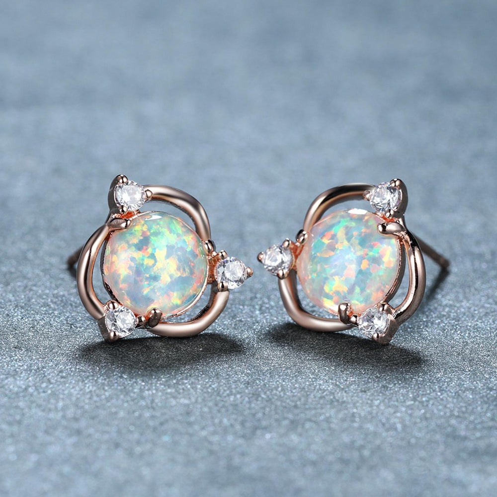 Rose Gold-Tone White Round Simulated Opal Spinning Stud Earrings
