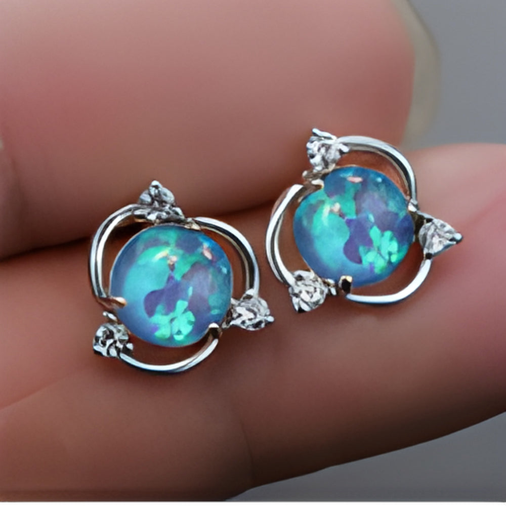 Silver-Tone Blue Simulated Opal Round Swirl Frame Stud Earrings