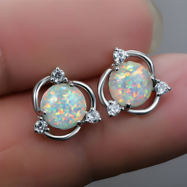 Silver-Tone White Simulated Opal Round Swirl Frame Stud Earrings