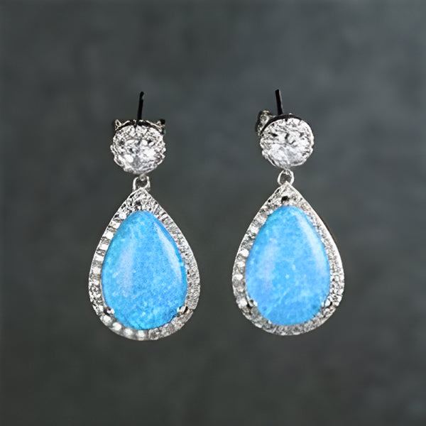 Silver-Tone Teardrop Blue Simulated Opal Crystal Halo Drop Earrings