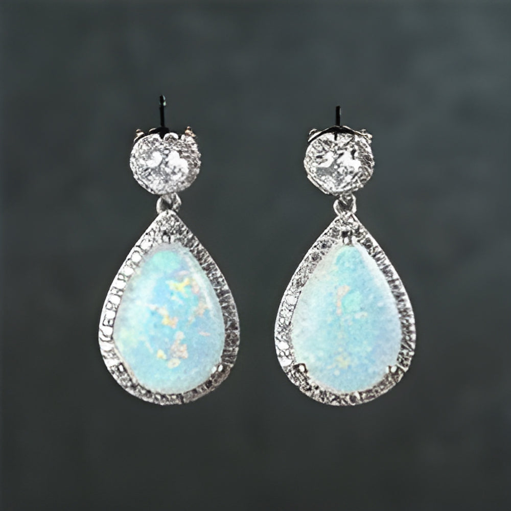 Silver-Tone White Teardrop Simulated Opal Halo Drop Earrings