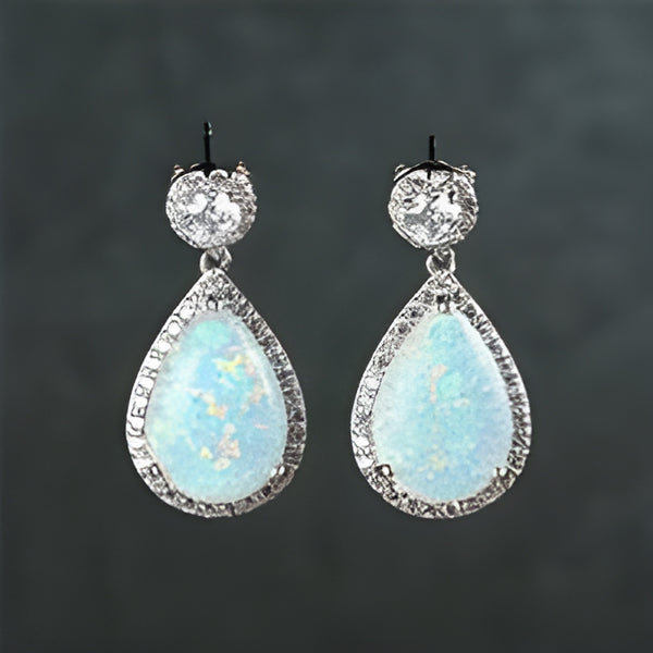 Silver-Tone White Teardrop Simulated Opal Halo Drop Earrings