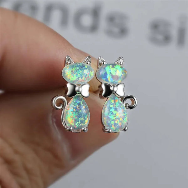 Silver-Tone White Simulated Opal Kitty Cat & Bow Stud Earrings