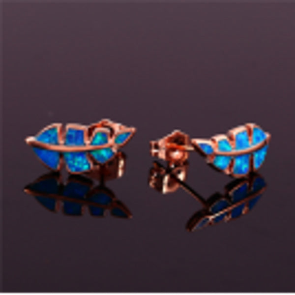 Rose Gold-Tone Blue Simulated Opal Stud Earrings
