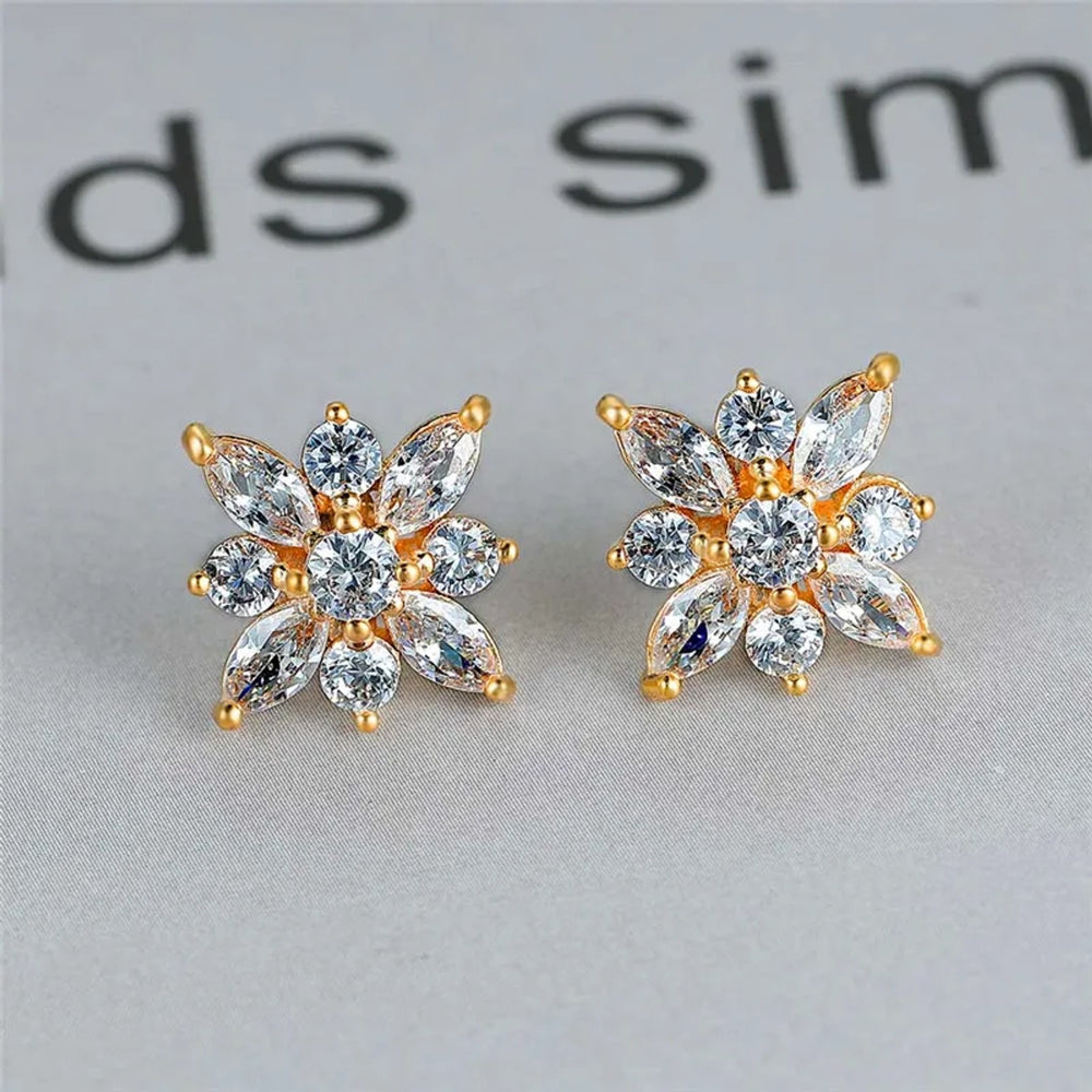 Gold-Tone White Square Crystal Floral Stud Earrings
