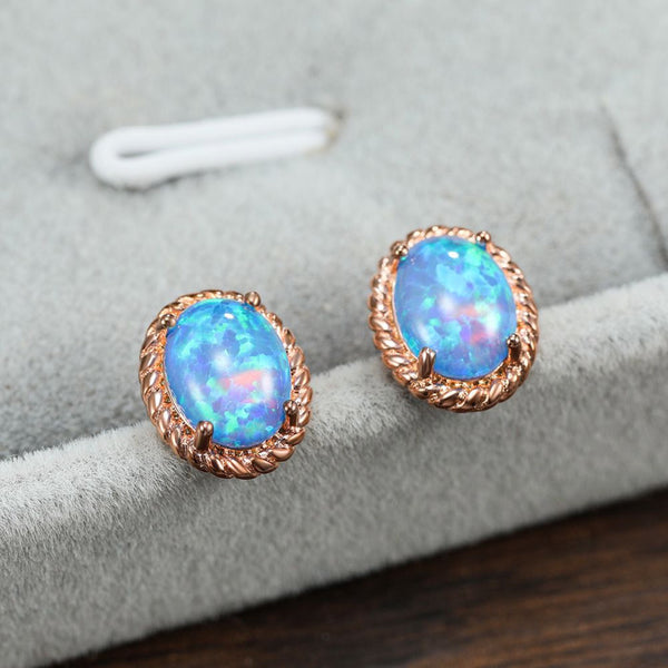 Rose Gold-Tone Oval Blue Simulated Opal Twisted Rope Stud Earrings