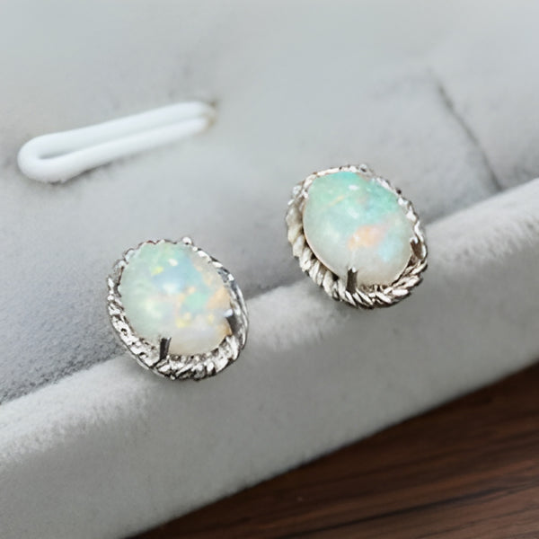 Silver-Tone Oval White Simulated Opal Twisted Rope Stud Earrings