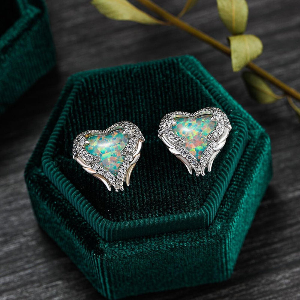 Silver-Tone White Simulated Opal Angel Stud Earrings