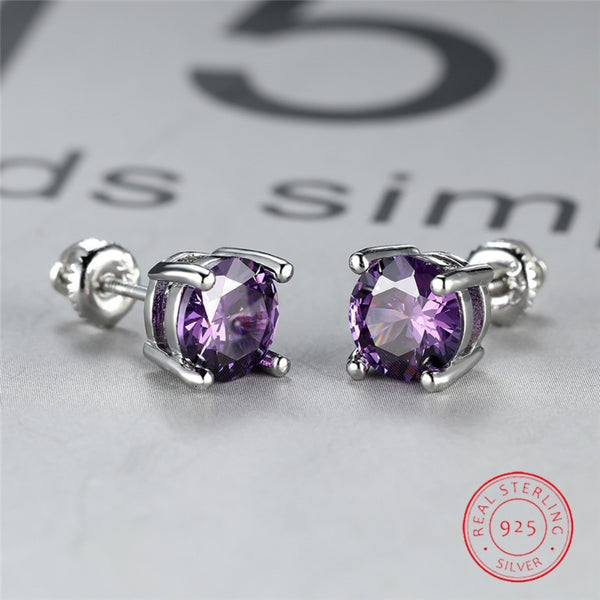 Silver-Tone Purple Round Crystal Screw-Back Stud Earrings