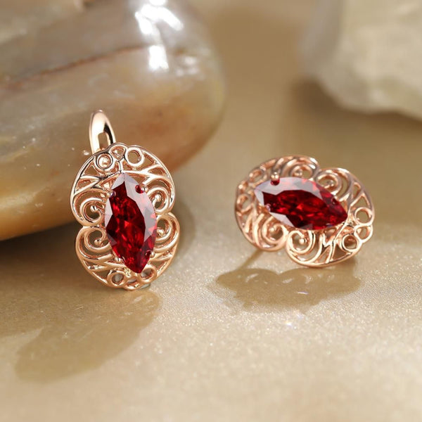 Rose Gold-Tone Red Marquise Crystal Filigree Medallion Earrings