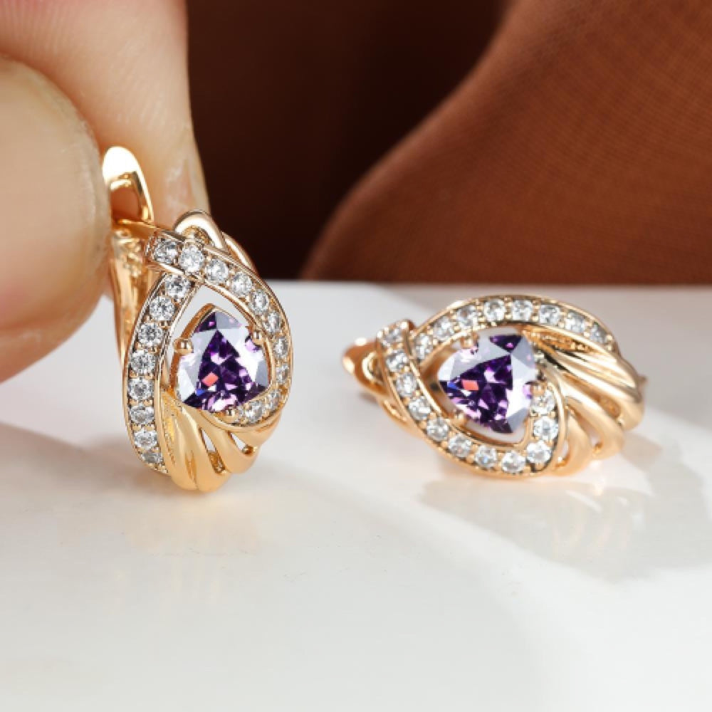 Champagne Gold-Tone Triangle Purple Crystal Swirl Huggie Earrings