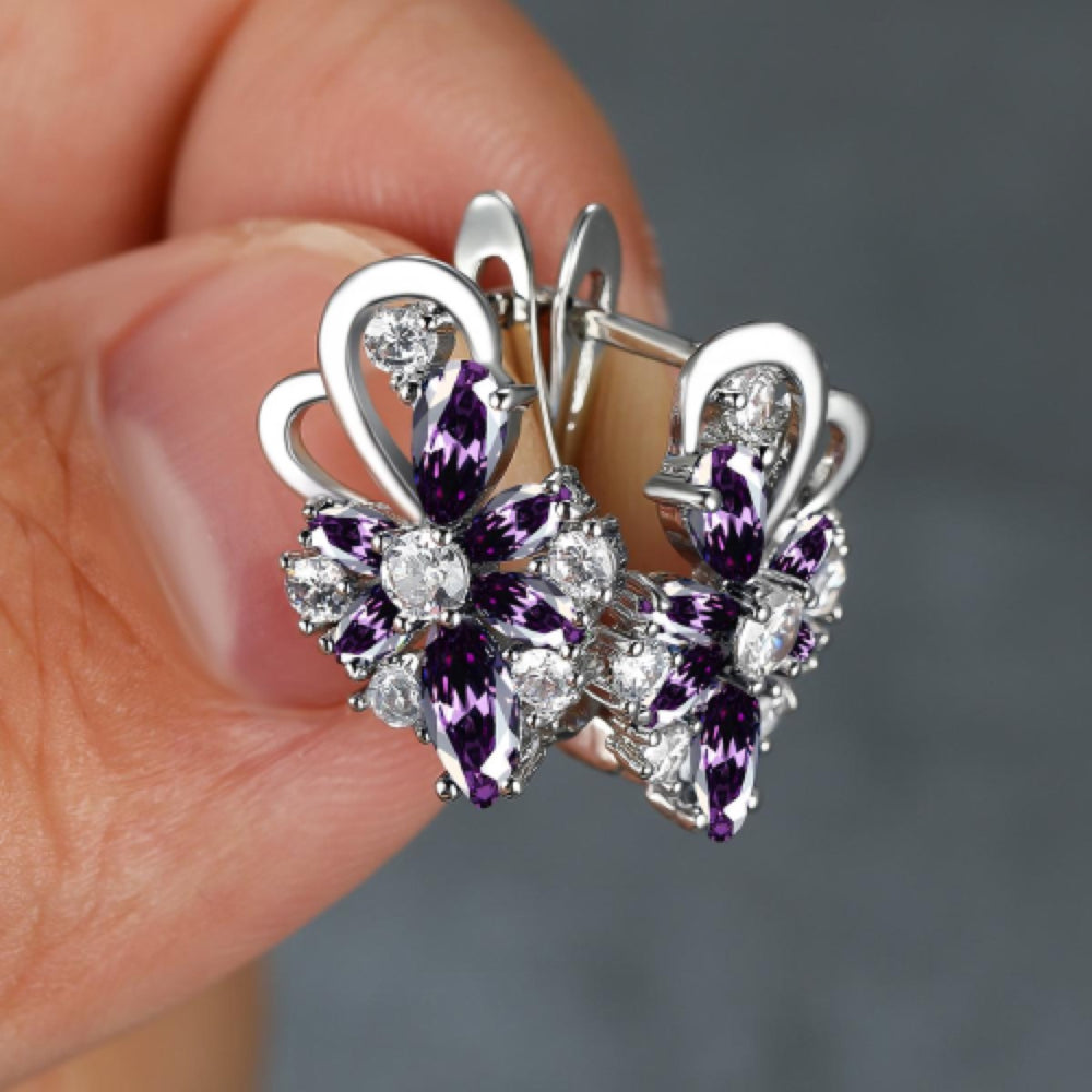Silver-Tone Butterfly Flower Purple Crystal Huggie Earrings