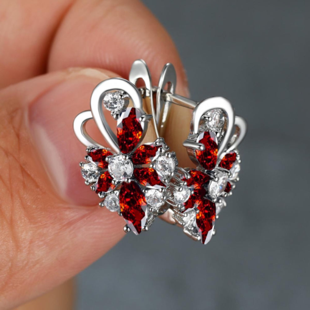 Silver-Tone Red Crystal Flower & Heart Huggie Earrings
